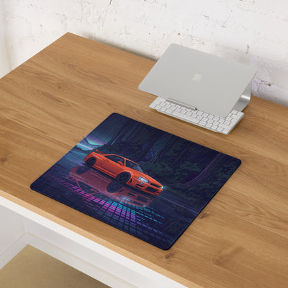 Nissan Skyline GT-R R34 Inspired Orange Blue Vaporwave Gaming Mouse Pad, Neon JDM Sports Car Desk Mat with Cyberpunk Rainforest Artwork