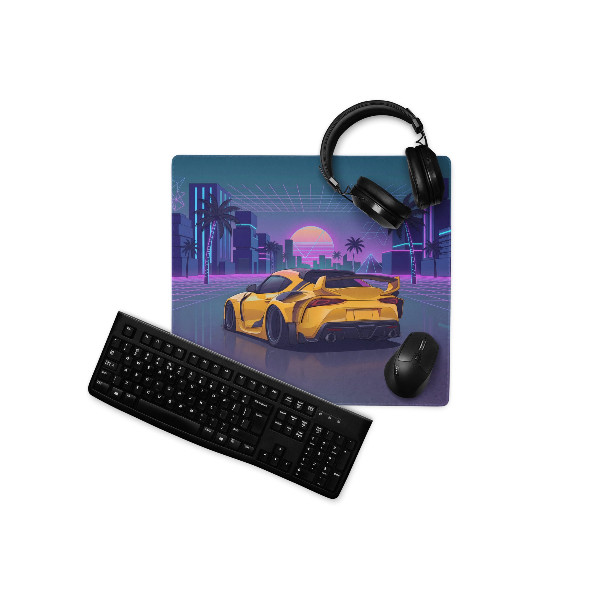 Toyota GR Supra A90 Inspired Yellow Purple Vaporwave Gaming Mouse Pad, Neon JDM Sports Car Desk Mat with Retro Futuristic Palm City Artwork
