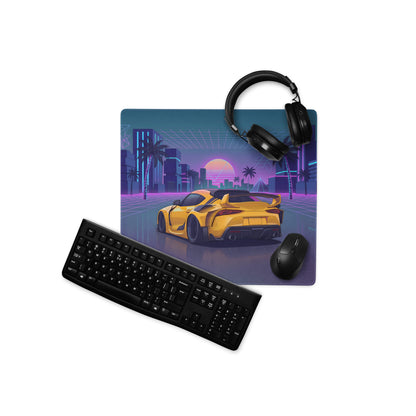 Toyota GR Supra A90 Inspired Yellow Purple Vaporwave Gaming Mouse Pad, Neon JDM Sports Car Desk Mat with Retro Futuristic Palm City Artwork