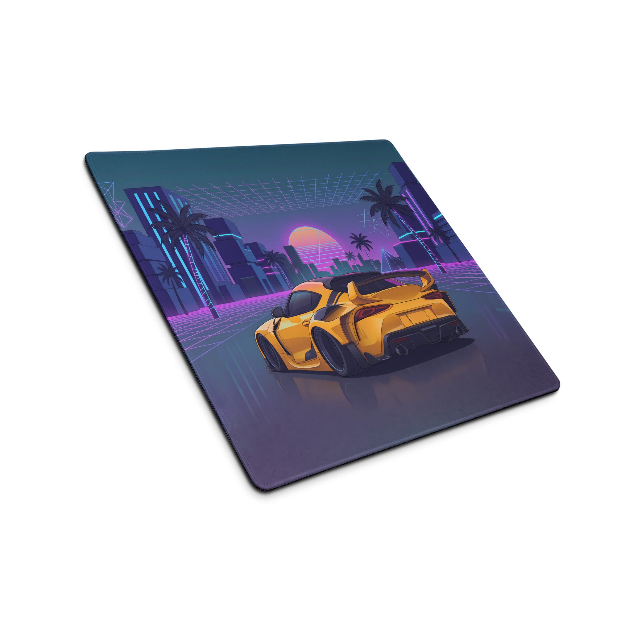 Toyota GR Supra A90 Inspired Yellow Purple Vaporwave Gaming Mouse Pad, Neon JDM Sports Car Desk Mat with Retro Futuristic Palm City Artwork