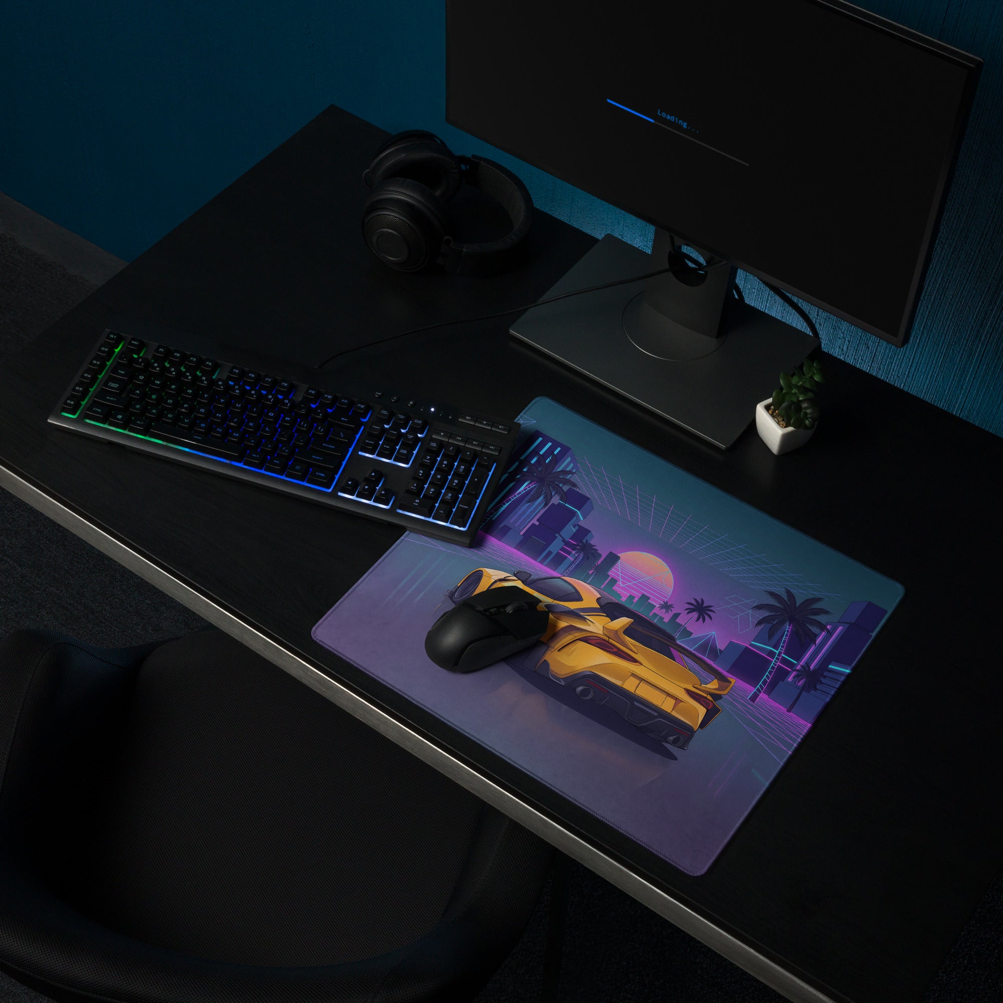Toyota GR Supra A90 Inspired Yellow Purple Vaporwave Gaming Mouse Pad, Neon JDM Sports Car Desk Mat with Retro Futuristic Palm City Artwork