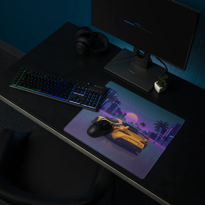Toyota GR Supra A90 Inspired Yellow Purple Vaporwave Gaming Mouse Pad, Neon JDM Sports Car Desk Mat with Retro Futuristic Palm City Artwork
