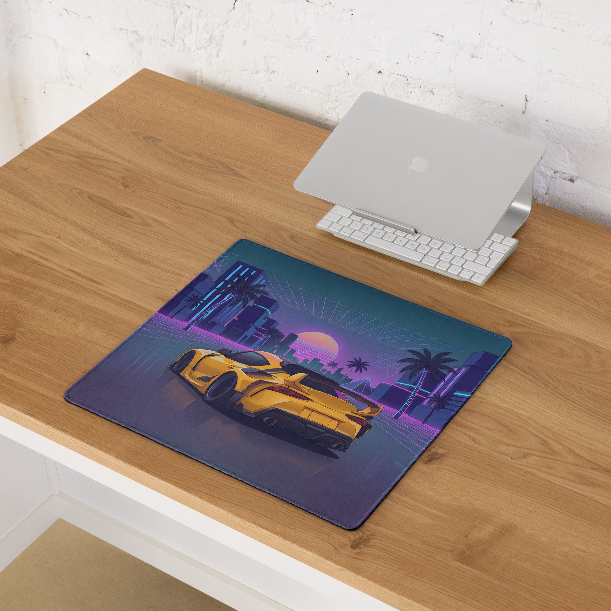 Toyota GR Supra A90 Inspired Yellow Purple Vaporwave Gaming Mouse Pad, Neon JDM Sports Car Desk Mat with Retro Futuristic Palm City Artwork