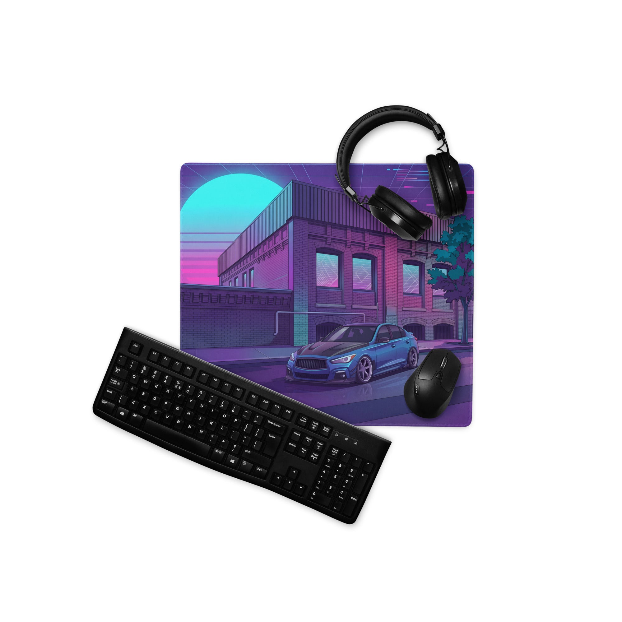 Infiniti Q50 Inspired Blue Purple Vaporwave Gaming Mouse Pad, Neon Japanese Luxury Sports Sedan Desk Mat with Retro Futuristic City Artwork
