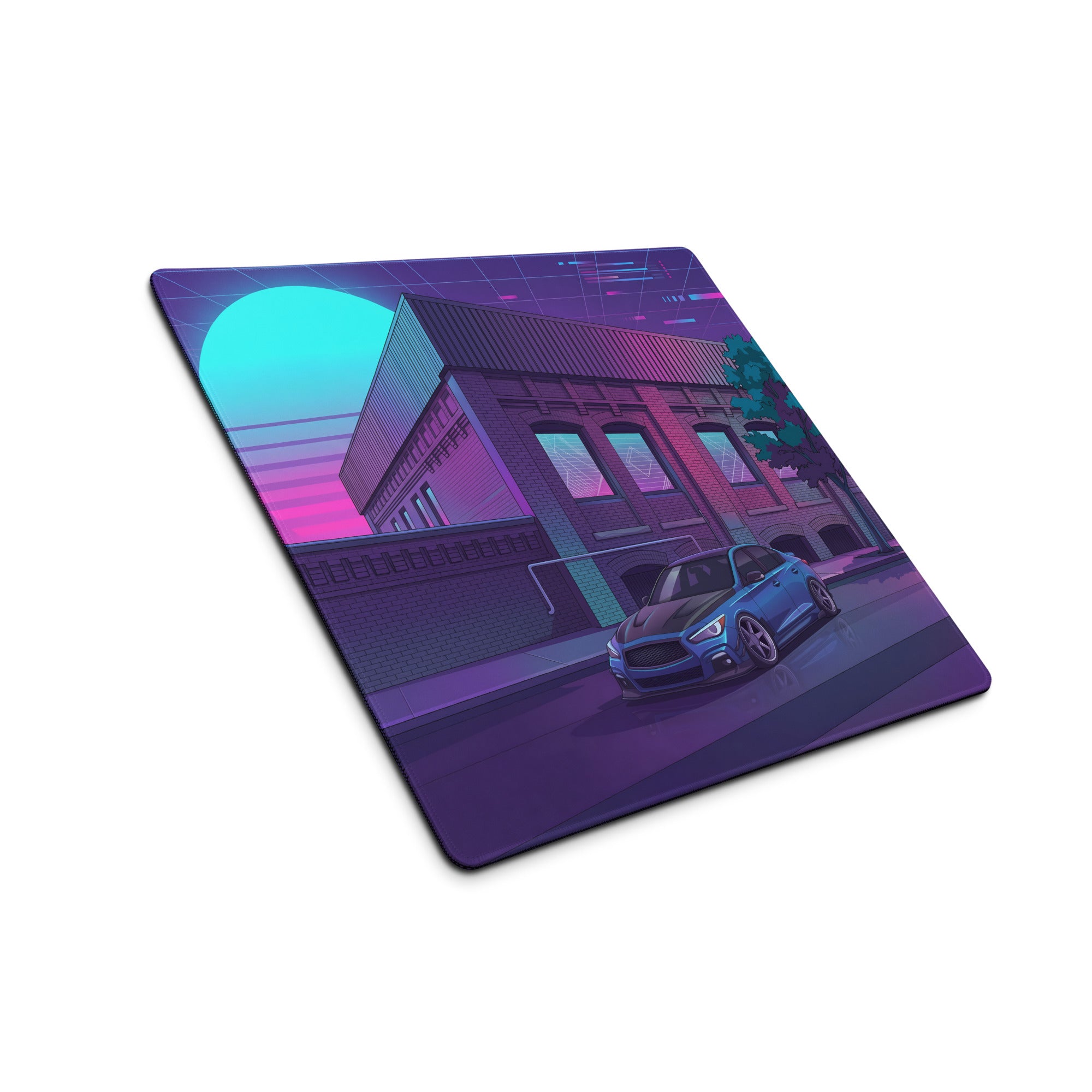 Infiniti Q50 Inspired Blue Purple Vaporwave Gaming Mouse Pad, Neon Japanese Luxury Sports Sedan Desk Mat with Retro Futuristic City Artwork