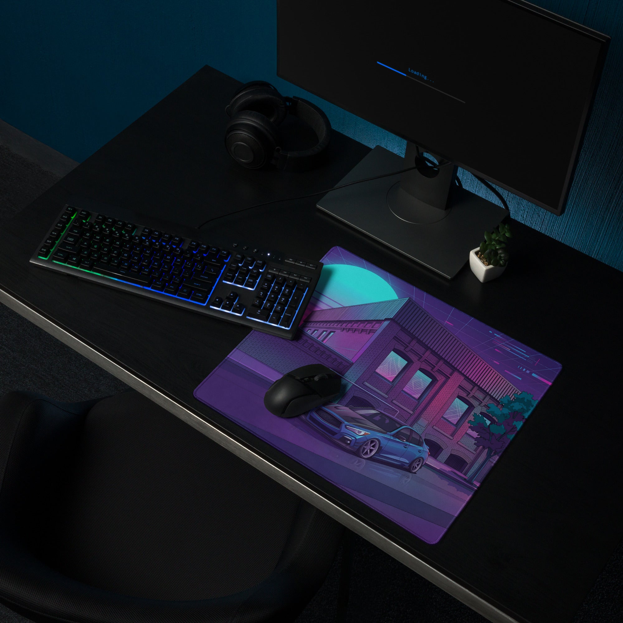 Infiniti Q50 Inspired Blue Purple Vaporwave Gaming Mouse Pad, Neon Japanese Luxury Sports Sedan Desk Mat with Retro Futuristic City Artwork