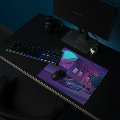 Infiniti Q50 Inspired Blue Purple Vaporwave Gaming Mouse Pad, Neon Japanese Luxury Sports Sedan Desk Mat with Retro Futuristic City Artwork