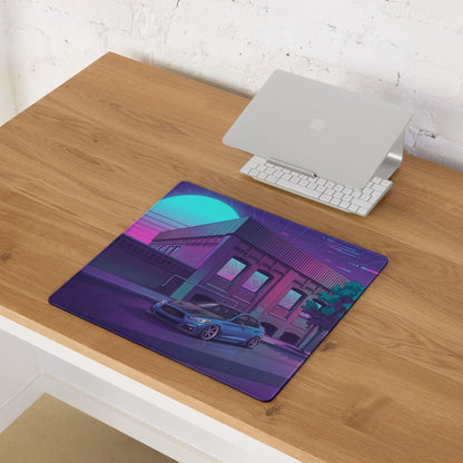 Infiniti Q50 Inspired Blue Purple Vaporwave Gaming Mouse Pad, Neon Japanese Luxury Sports Sedan Desk Mat with Retro Futuristic City Artwork