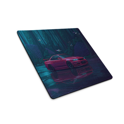 Nissan Skyline GT-R R34 Inspired Red Blue Vaporwave Gaming Mouse Pad, Neon JDM Sports Car Desk Mat with Cyberpunk Rainforest Artwork