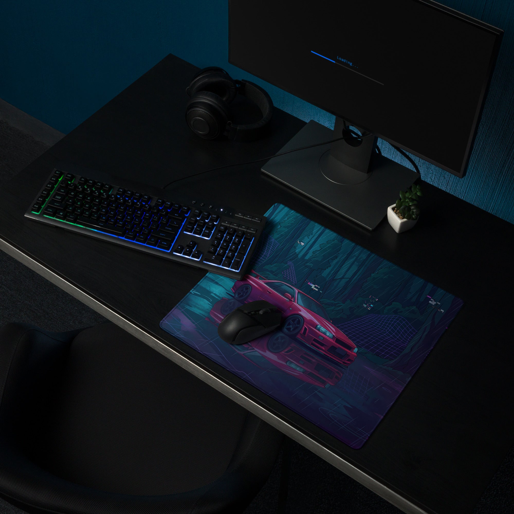 Nissan Skyline GT-R R34 Inspired Red Blue Vaporwave Gaming Mouse Pad, Neon JDM Sports Car Desk Mat with Cyberpunk Rainforest Artwork