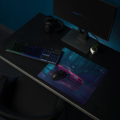 Nissan Skyline GT-R R34 Inspired Red Blue Vaporwave Gaming Mouse Pad, Neon JDM Sports Car Desk Mat with Cyberpunk Rainforest Artwork