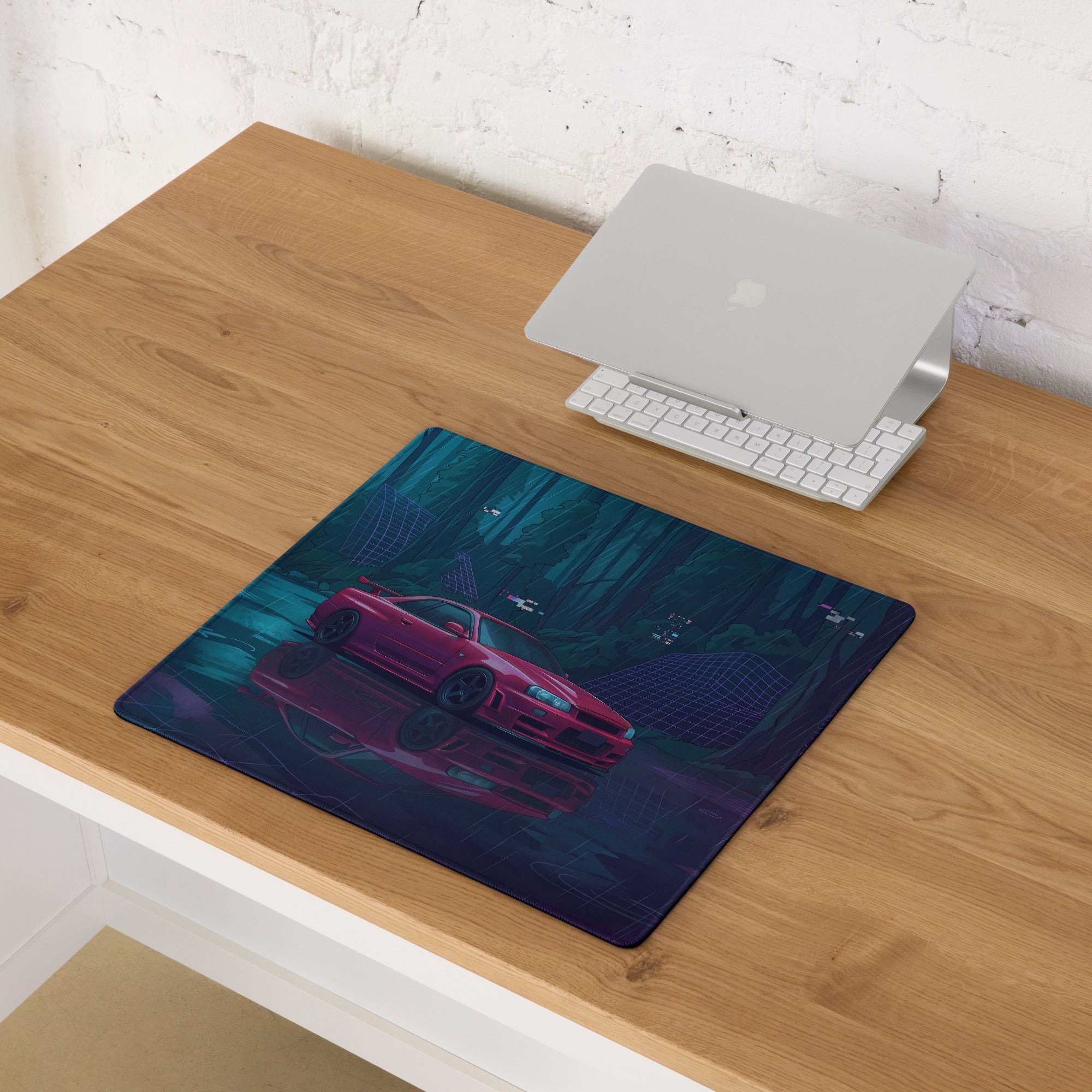 Nissan Skyline GT-R R34 Inspired Red Blue Vaporwave Gaming Mouse Pad, Neon JDM Sports Car Desk Mat with Cyberpunk Rainforest Artwork