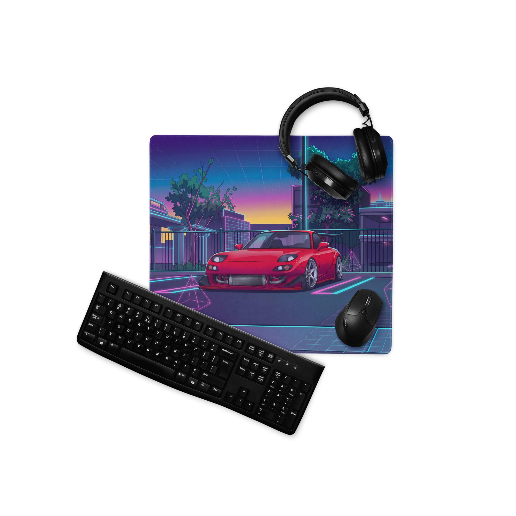 Mazda RX-7 FD Inspired Red Blue Vaporwave Gaming Mouse Pad, Neon JDM Sports Car Desk Mat with Retro Futuristic City Transit Artwork