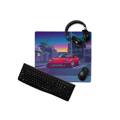 Mazda RX-7 FD Inspired Red Blue Vaporwave Gaming Mouse Pad, Neon JDM Sports Car Desk Mat with Retro Futuristic City Transit Artwork