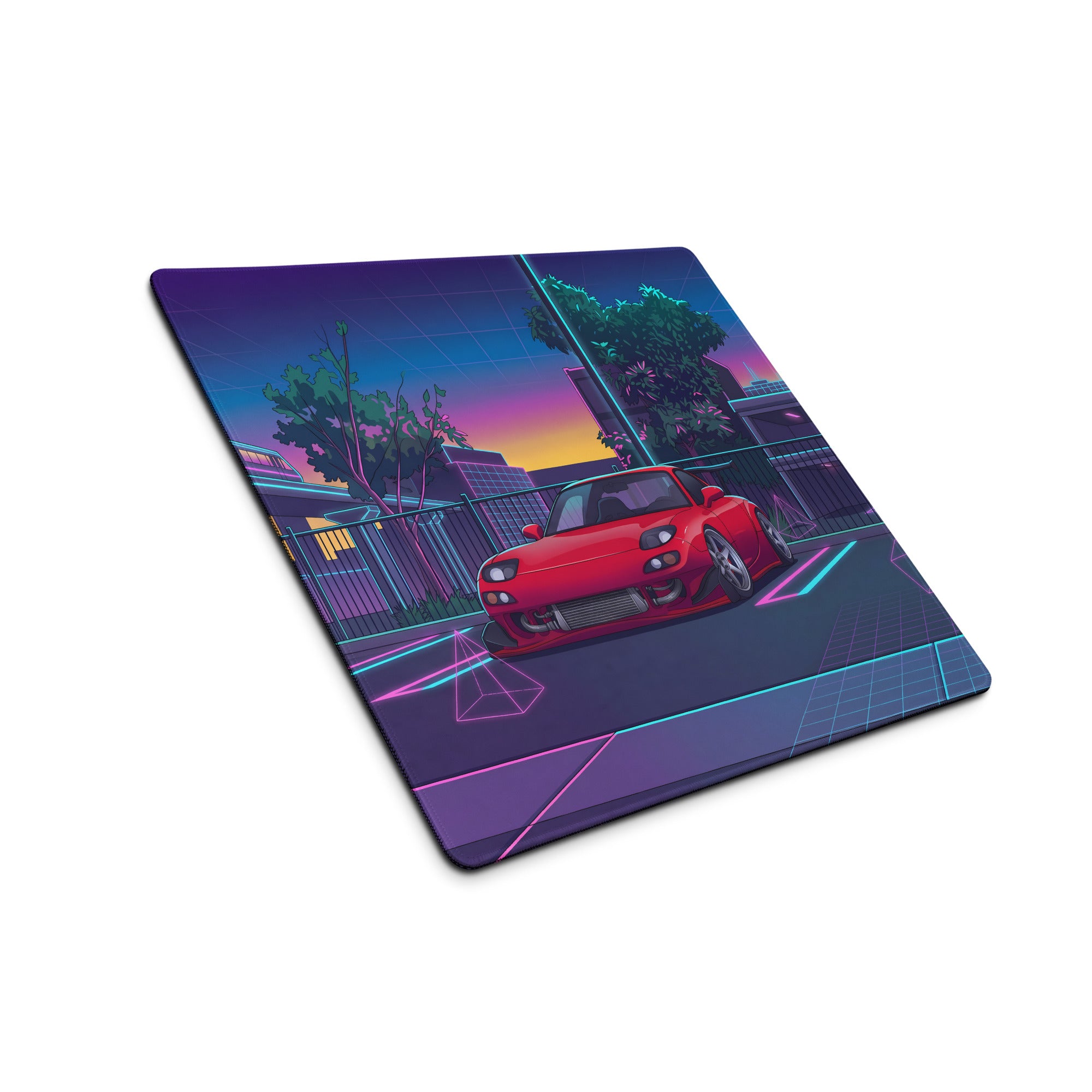 Mazda RX-7 FD Inspired Red Blue Vaporwave Gaming Mouse Pad, Neon JDM Sports Car Desk Mat with Retro Futuristic City Transit Artwork