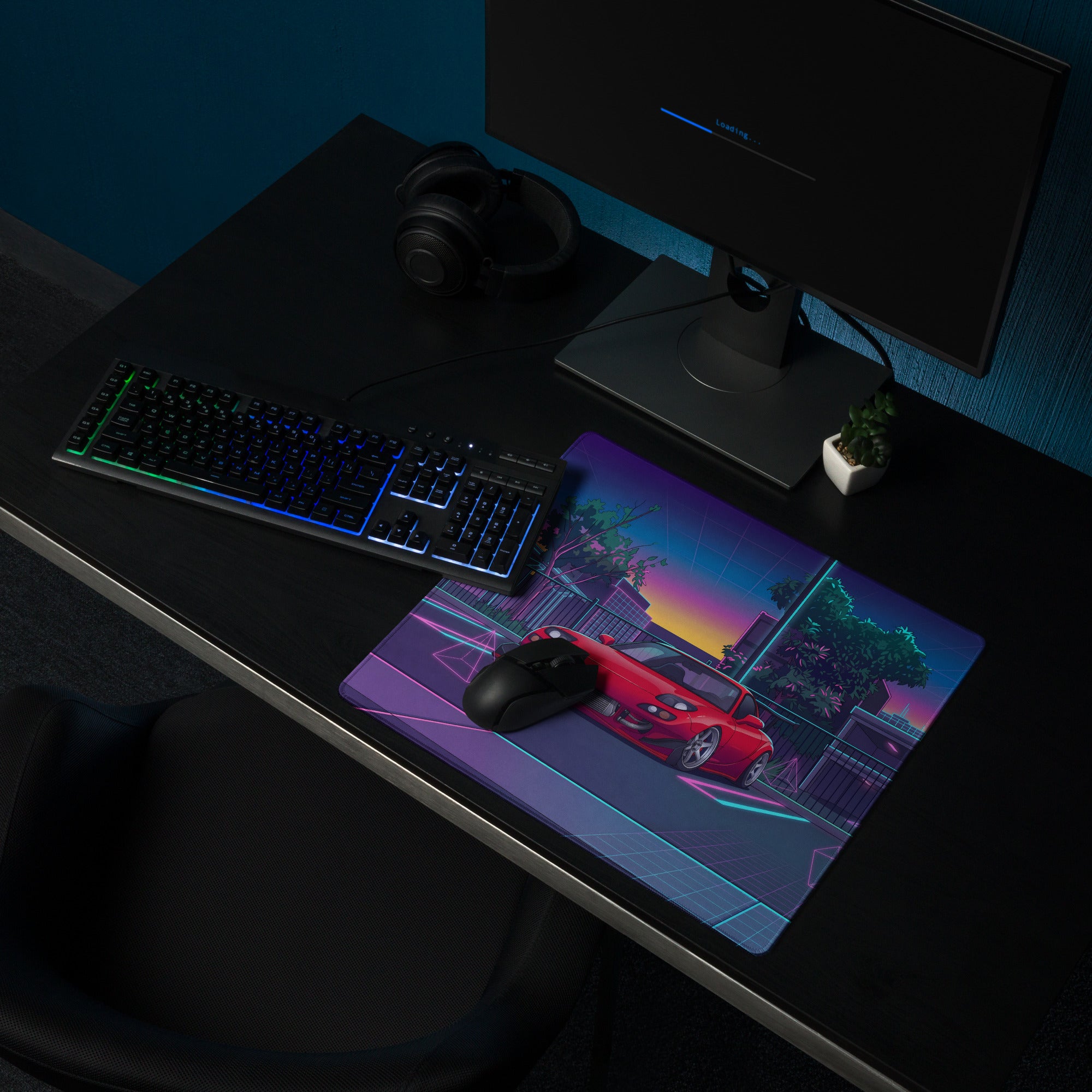 Mazda RX-7 FD Inspired Red Blue Vaporwave Gaming Mouse Pad, Neon JDM Sports Car Desk Mat with Retro Futuristic City Transit Artwork