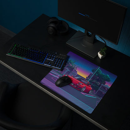 Mazda RX-7 FD Inspired Red Blue Vaporwave Gaming Mouse Pad, Neon JDM Sports Car Desk Mat with Retro Futuristic City Transit Artwork