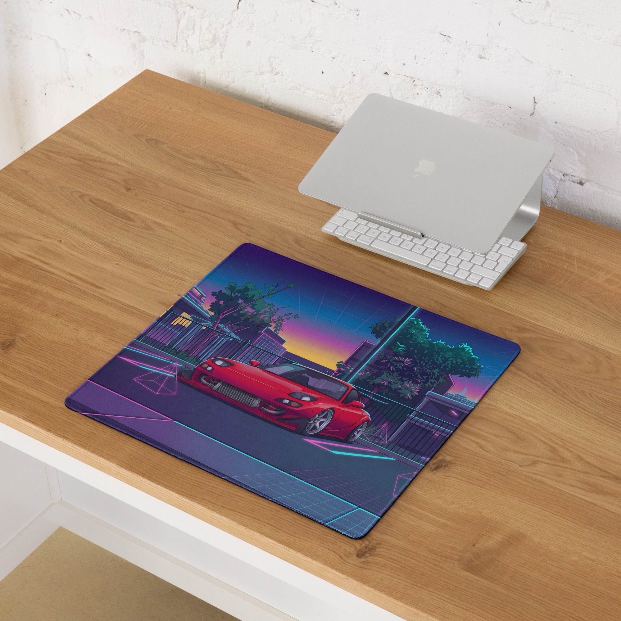 Mazda RX-7 FD Inspired Red Blue Vaporwave Gaming Mouse Pad, Neon JDM Sports Car Desk Mat with Retro Futuristic City Transit Artwork