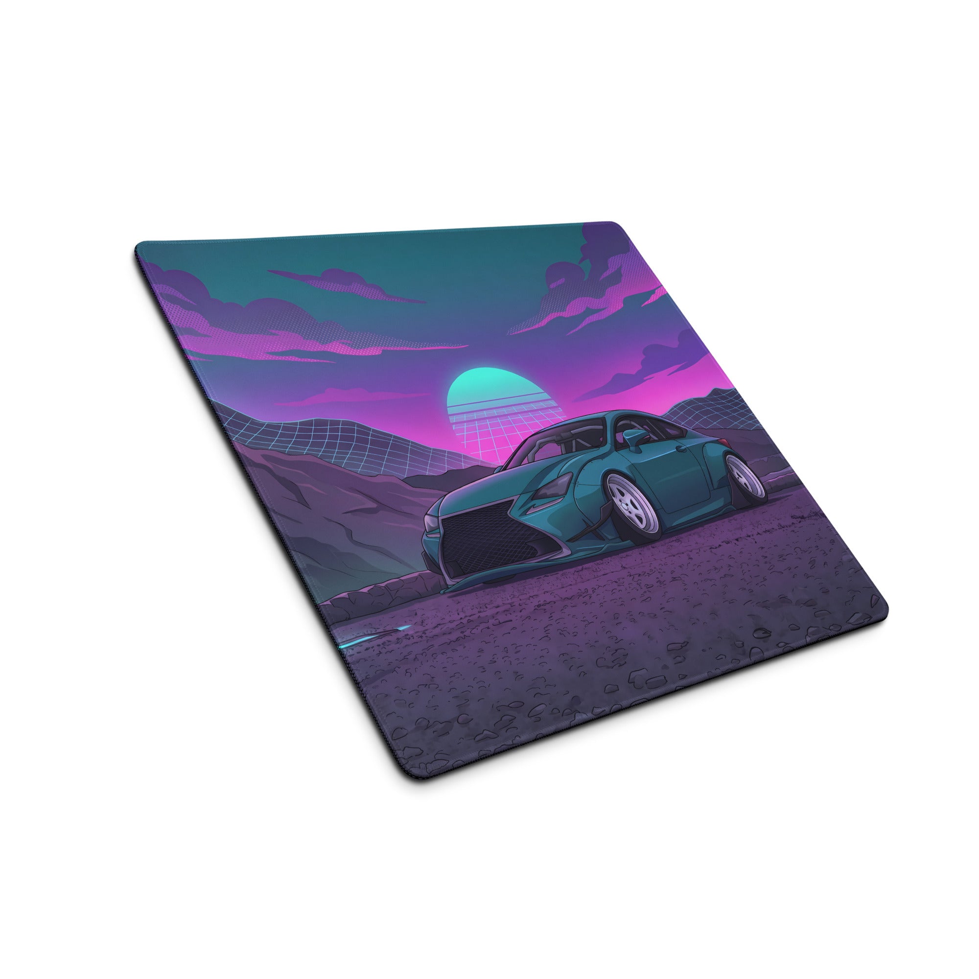 Lexus RC F Inspired Teal Purple Vaporwave Gaming Mouse Pad, Neon Japanese Luxury Sports Coupe Desk Mat with Retro Futuristic Mountain Sunset Artwork