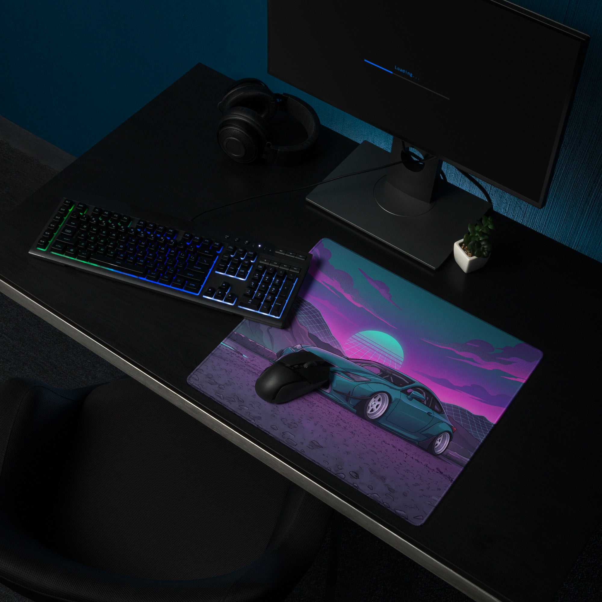 Lexus RC F Inspired Teal Purple Vaporwave Gaming Mouse Pad, Neon Japanese Luxury Sports Coupe Desk Mat with Retro Futuristic Mountain Sunset Artwork