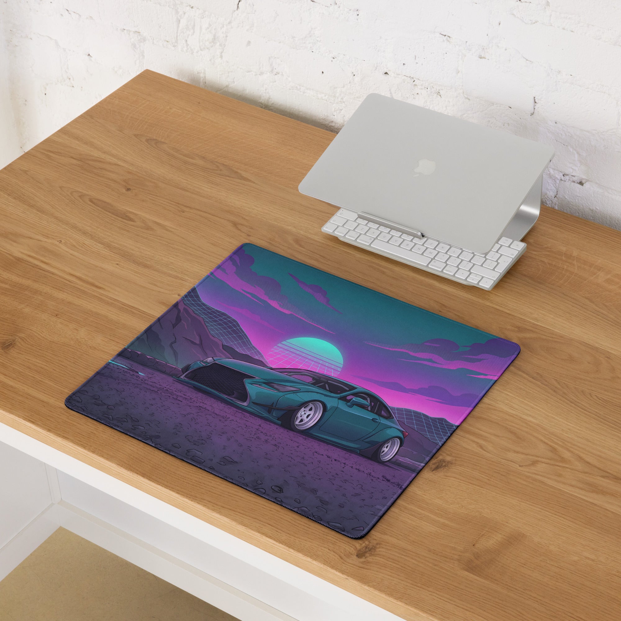 Lexus RC F Inspired Teal Purple Vaporwave Gaming Mouse Pad, Neon Japanese Luxury Sports Coupe Desk Mat with Retro Futuristic Mountain Sunset Artwork
