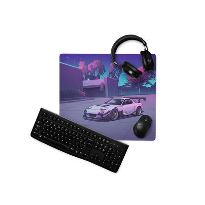 Mazda RX-7 FD Inspired White Purple Vaporwave Gaming Mouse Pad, Neon JDM Sports Car Desk Mat with Retro Futuristic City Park Artwork