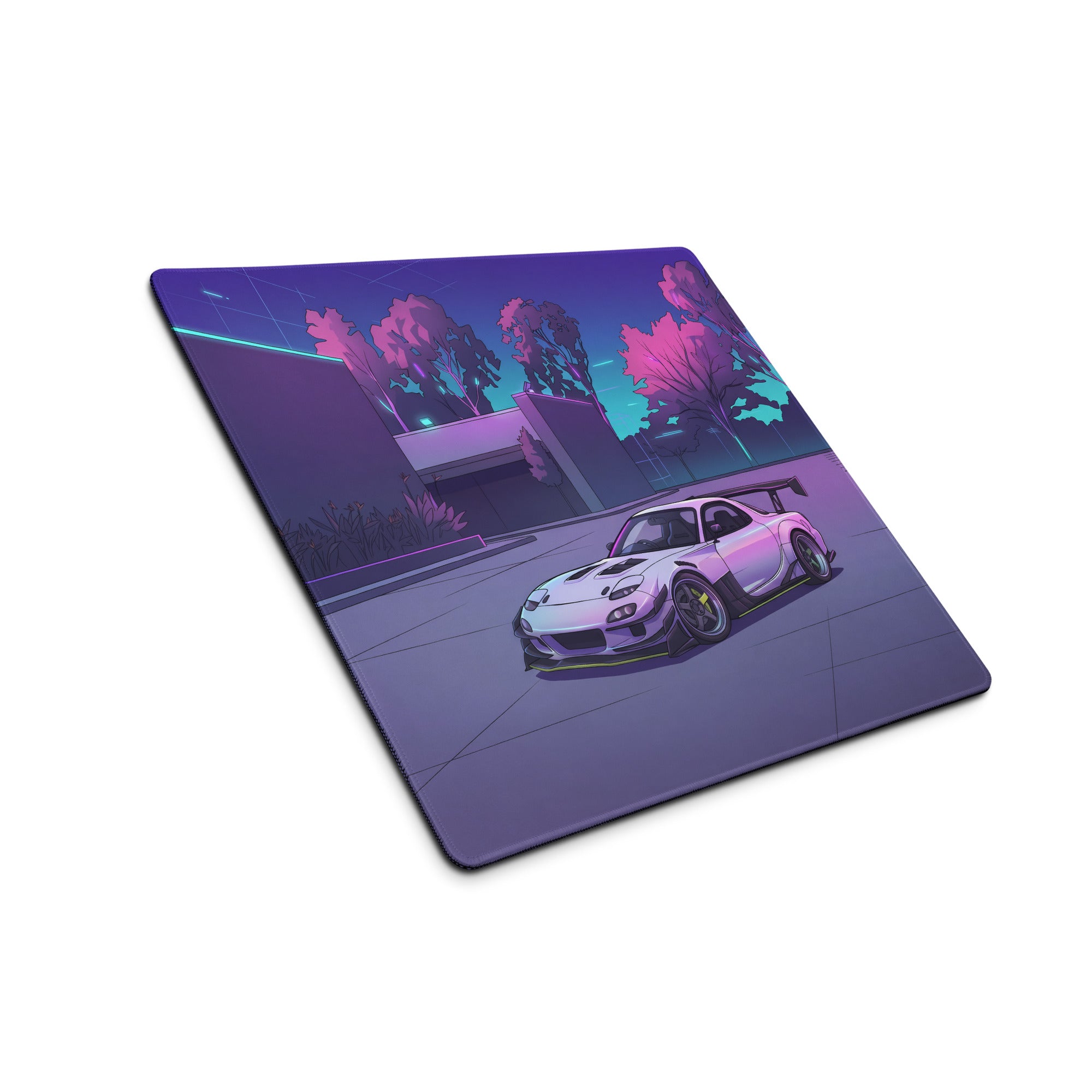 Mazda RX-7 FD Inspired White Purple Vaporwave Gaming Mouse Pad, Neon JDM Sports Car Desk Mat with Retro Futuristic City Park Artwork