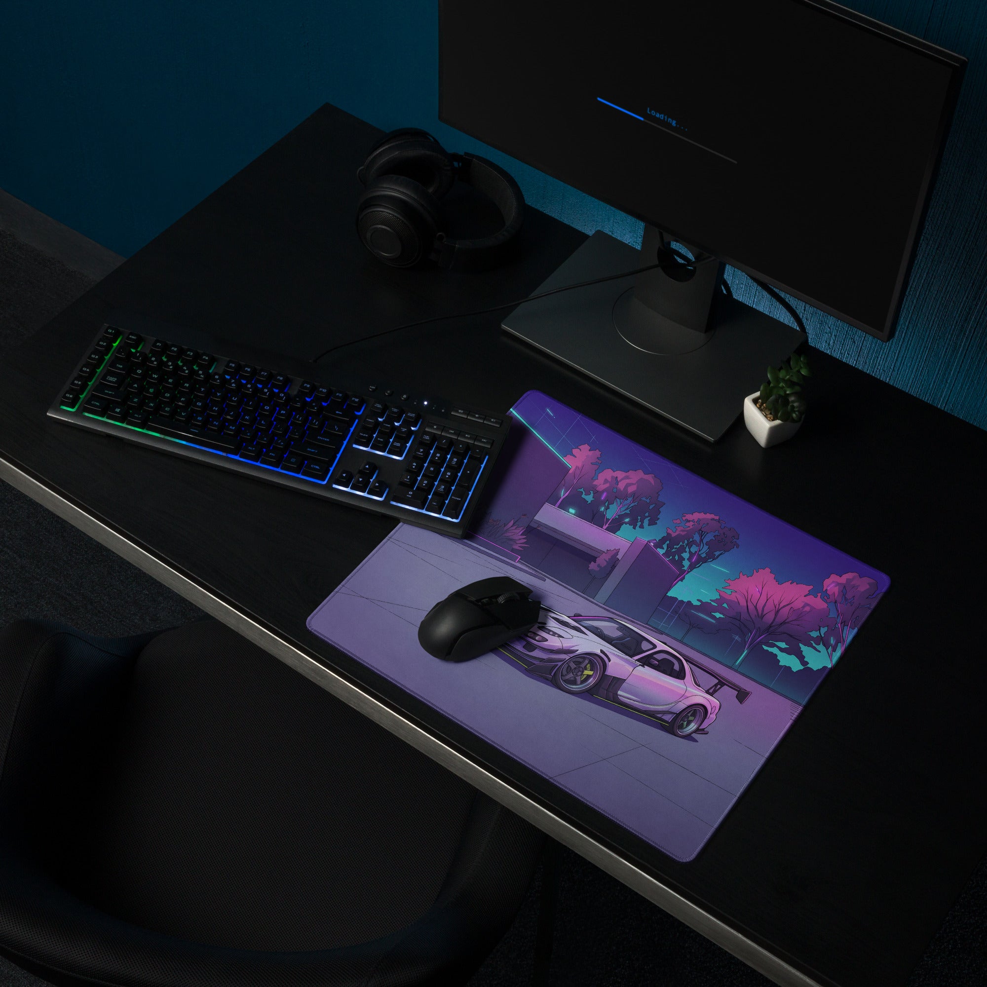 Mazda RX-7 FD Inspired White Purple Vaporwave Gaming Mouse Pad, Neon JDM Sports Car Desk Mat with Retro Futuristic City Park Artwork