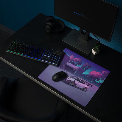 Mazda RX-7 FD Inspired White Purple Vaporwave Gaming Mouse Pad, Neon JDM Sports Car Desk Mat with Retro Futuristic City Park Artwork
