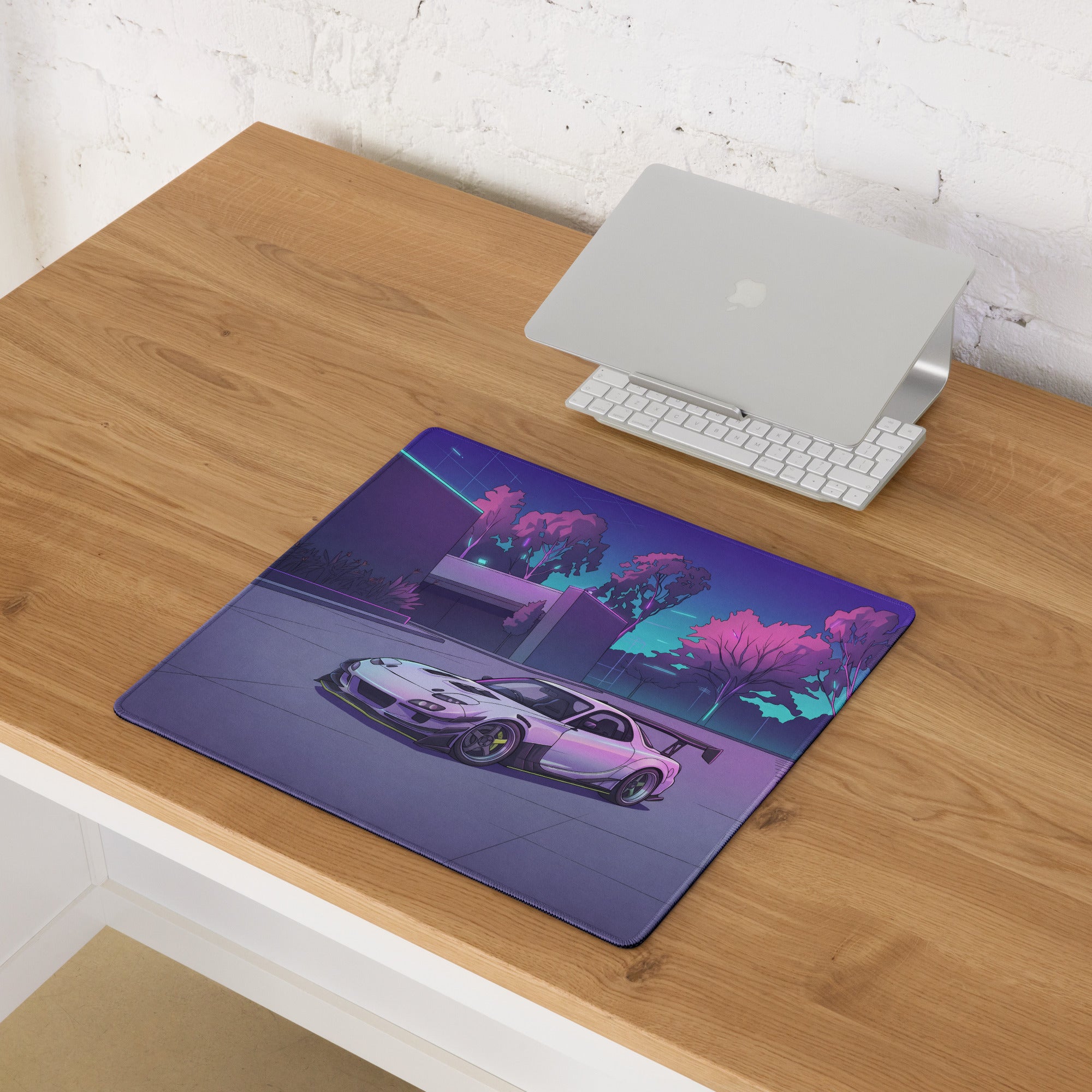 Mazda RX-7 FD Inspired White Purple Vaporwave Gaming Mouse Pad, Neon JDM Sports Car Desk Mat with Retro Futuristic City Park Artwork