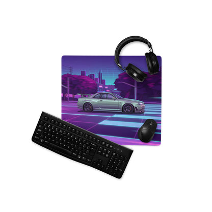 Nissan Skyline GT-R R34 Inspired Silver Purple Vaporwave Gaming Mouse Pad, Neon JDM Sports Car Desk Mat with Retro Futuristic City Grid Artwork