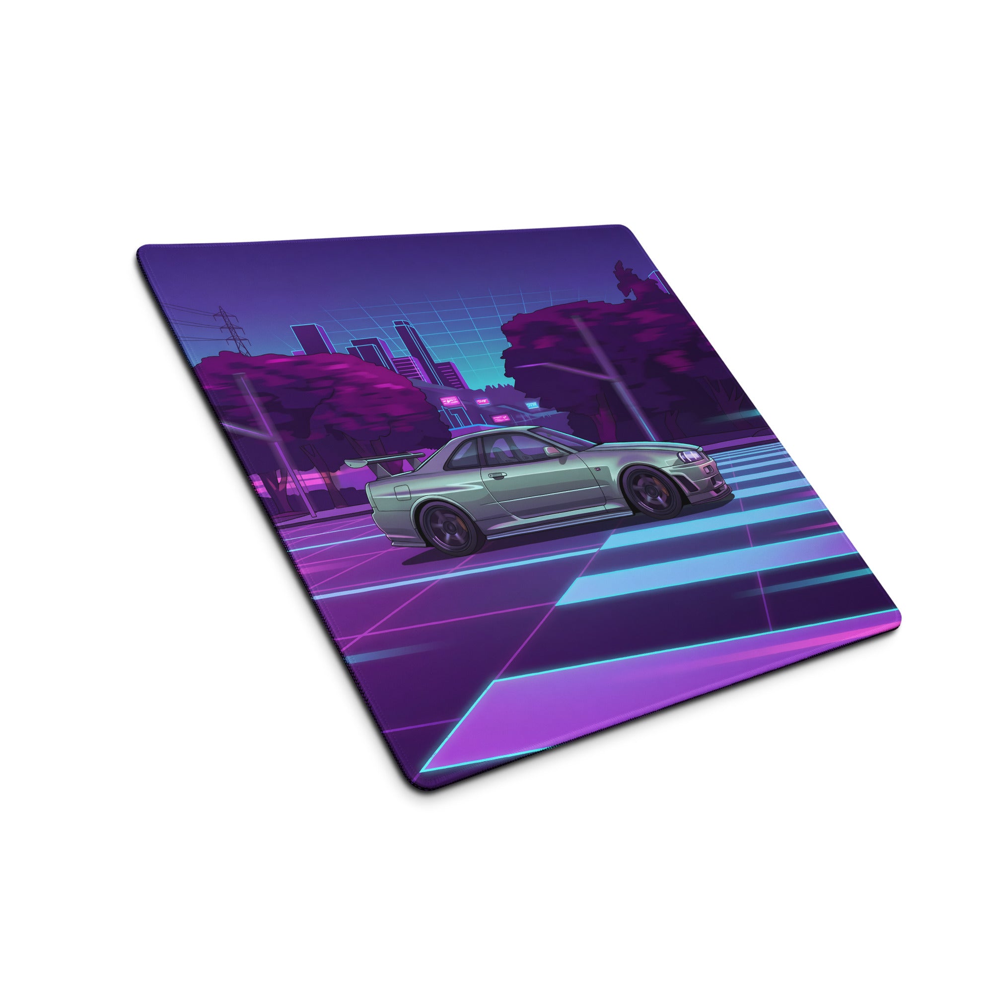 Nissan Skyline GT-R R34 Inspired Silver Purple Vaporwave Gaming Mouse Pad, Neon JDM Sports Car Desk Mat with Retro Futuristic City Grid Artwork
