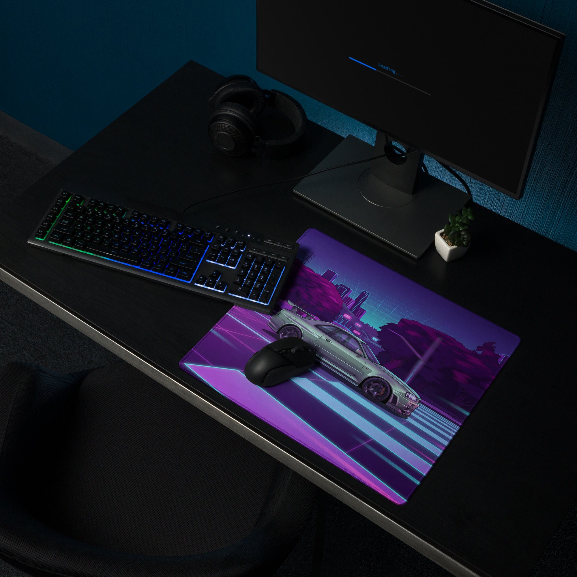 Nissan Skyline GT-R R34 Inspired Silver Purple Vaporwave Gaming Mouse Pad, Neon JDM Sports Car Desk Mat with Retro Futuristic City Grid Artwork