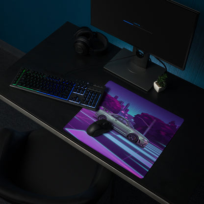 Nissan Skyline GT-R R34 Inspired Silver Purple Vaporwave Gaming Mouse Pad, Neon JDM Sports Car Desk Mat with Retro Futuristic City Grid Artwork