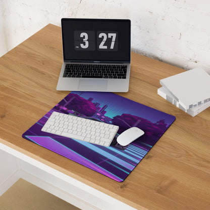 Nissan Skyline GT-R R34 Inspired Silver Purple Vaporwave Gaming Mouse Pad, Neon JDM Sports Car Desk Mat with Retro Futuristic City Grid Artwork