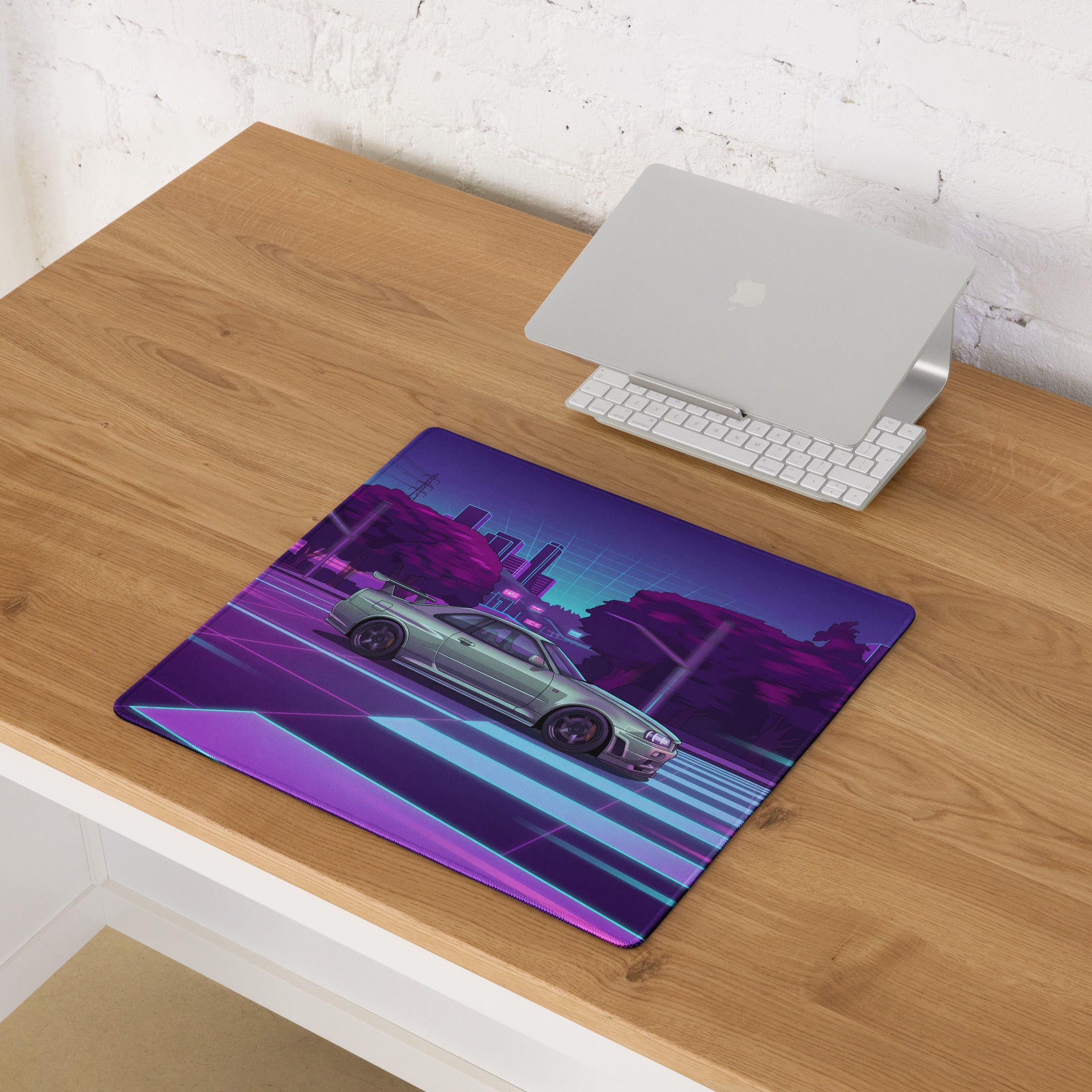 Nissan Skyline GT-R R34 Inspired Silver Purple Vaporwave Gaming Mouse Pad, Neon JDM Sports Car Desk Mat with Retro Futuristic City Grid Artwork