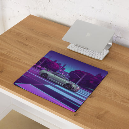 Nissan Skyline GT-R R34 Inspired Silver Purple Vaporwave Gaming Mouse Pad, Neon JDM Sports Car Desk Mat with Retro Futuristic City Grid Artwork