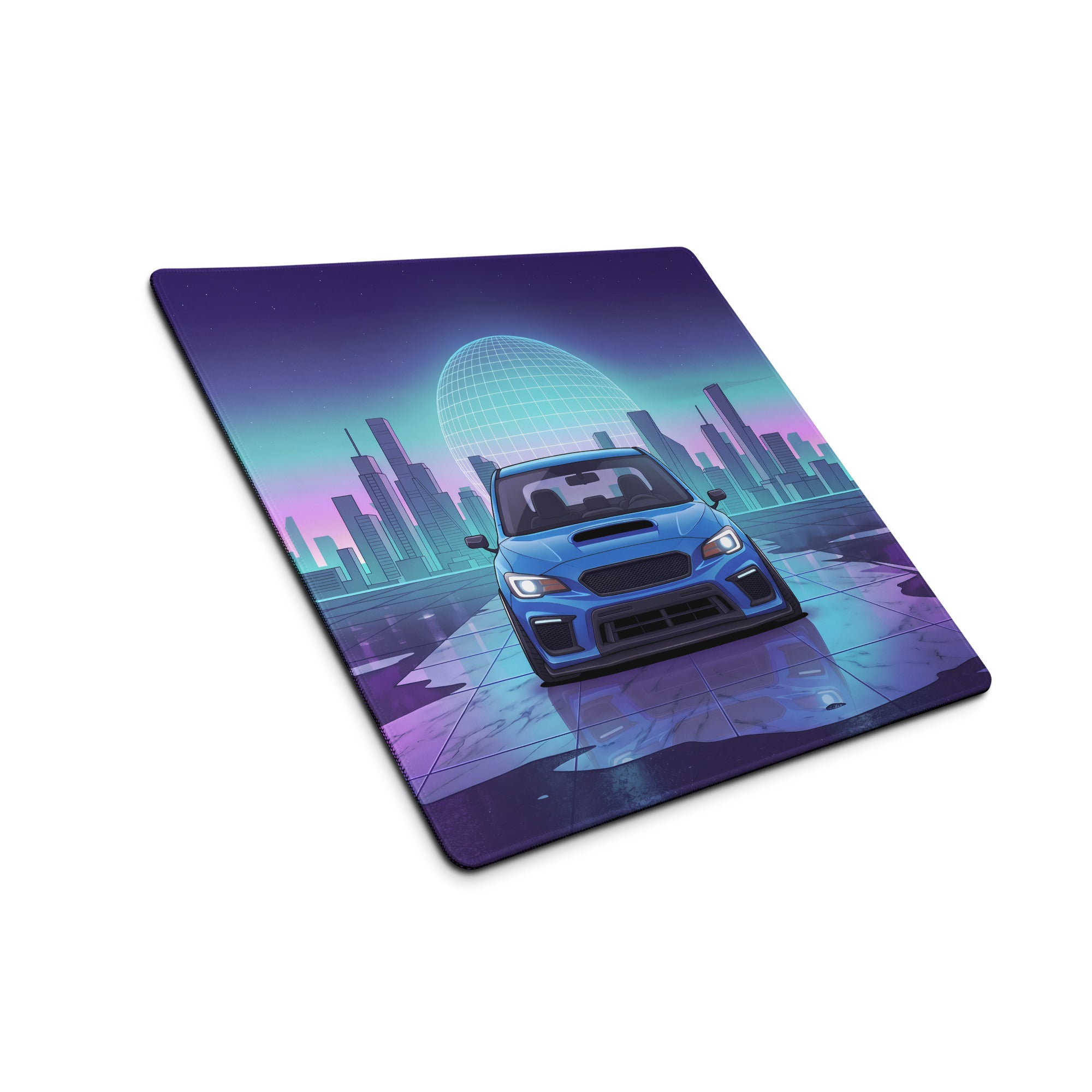 Subaru WRX STI VA Inspired Blue Purple Vaporwave Gaming Mouse Pad, Neon JDM Rally Car Desk Mat with Retro Futuristic City Reflection Artwork