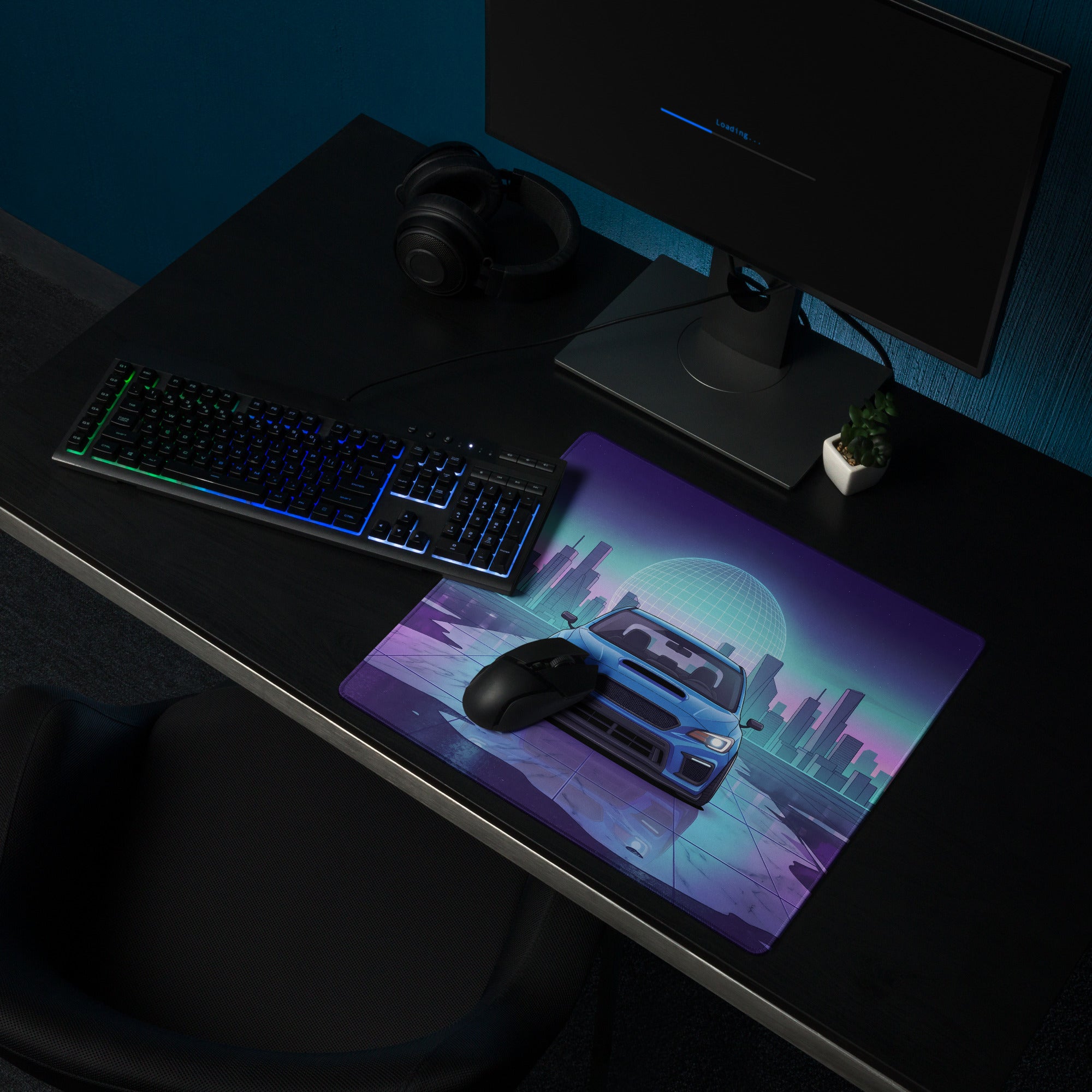 Subaru WRX STI VA Inspired Blue Purple Vaporwave Gaming Mouse Pad, Neon JDM Rally Car Desk Mat with Retro Futuristic City Reflection Artwork