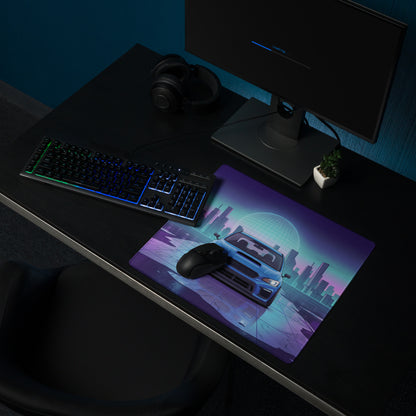 Subaru WRX STI VA Inspired Blue Purple Vaporwave Gaming Mouse Pad, Neon JDM Rally Car Desk Mat with Retro Futuristic City Reflection Artwork
