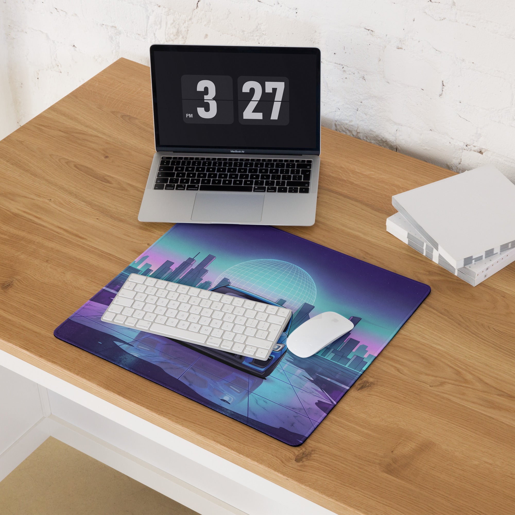 Subaru WRX STI VA Inspired Blue Purple Vaporwave Gaming Mouse Pad, Neon JDM Rally Car Desk Mat with Retro Futuristic City Reflection Artwork