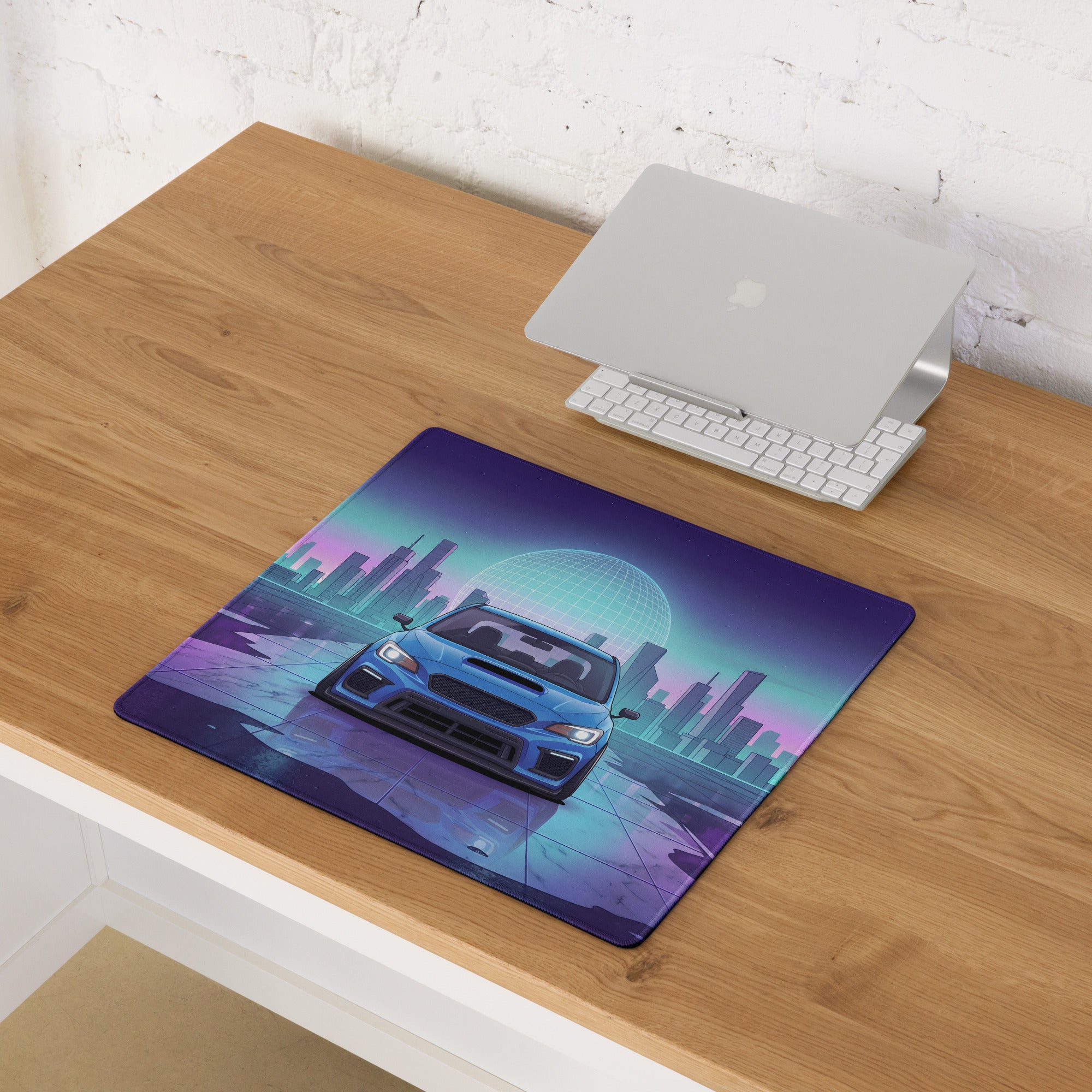 Subaru WRX STI VA Inspired Blue Purple Vaporwave Gaming Mouse Pad, Neon JDM Rally Car Desk Mat with Retro Futuristic City Reflection Artwork
