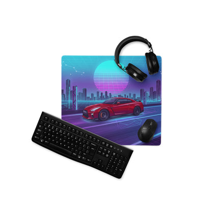 Nissan GT-R R35 Inspired Red Blue Vaporwave Gaming Mouse Pad, Neon JDM Supercar Desk Mat with Retro Futuristic Cyber City Artwork