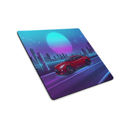 Nissan GT-R R35 Inspired Red Blue Vaporwave Gaming Mouse Pad, Neon JDM Supercar Desk Mat with Retro Futuristic Cyber City Artwork