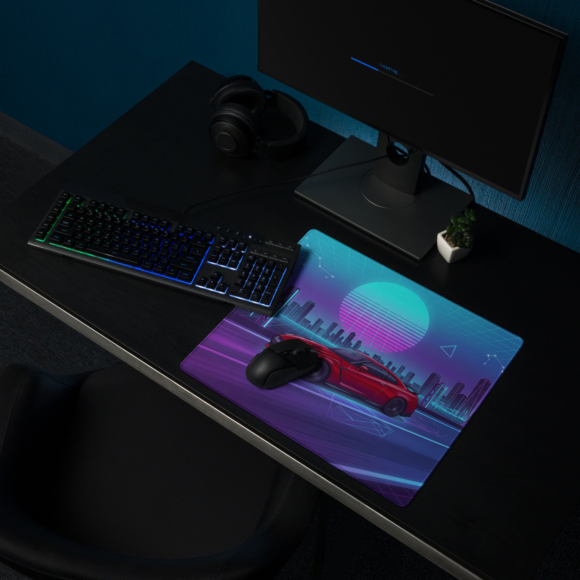 Nissan GT-R R35 Inspired Red Blue Vaporwave Gaming Mouse Pad, Neon JDM Supercar Desk Mat with Retro Futuristic Cyber City Artwork