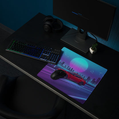 Nissan GT-R R35 Inspired Red Blue Vaporwave Gaming Mouse Pad, Neon JDM Supercar Desk Mat with Retro Futuristic Cyber City Artwork