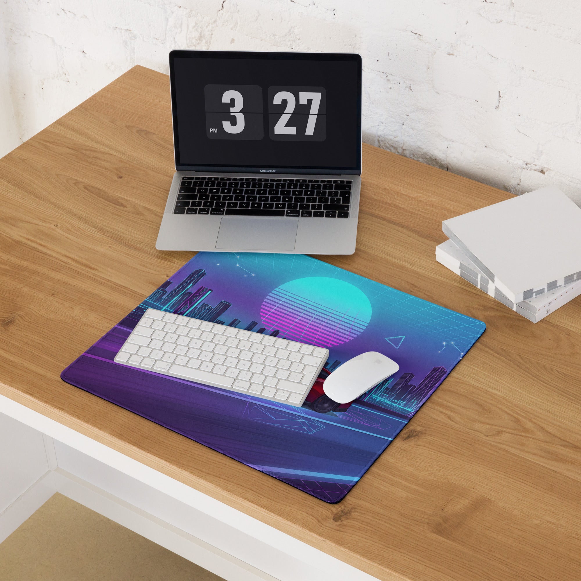 Nissan GT-R R35 Inspired Red Blue Vaporwave Gaming Mouse Pad, Neon JDM Supercar Desk Mat with Retro Futuristic Cyber City Artwork
