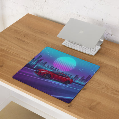 Nissan GT-R R35 Inspired Red Blue Vaporwave Gaming Mouse Pad, Neon JDM Supercar Desk Mat with Retro Futuristic Cyber City Artwork