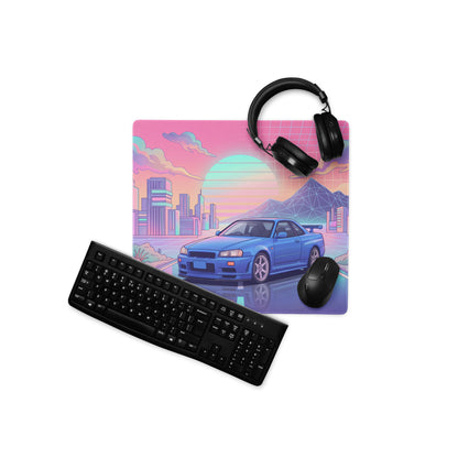 Nissan Skyline GT-R R34 Inspired Blue Pink Vaporwave Gaming Mouse Pad, Neon JDM Sports Car Desk Mat with Retro Futuristic City Sunset Artwork