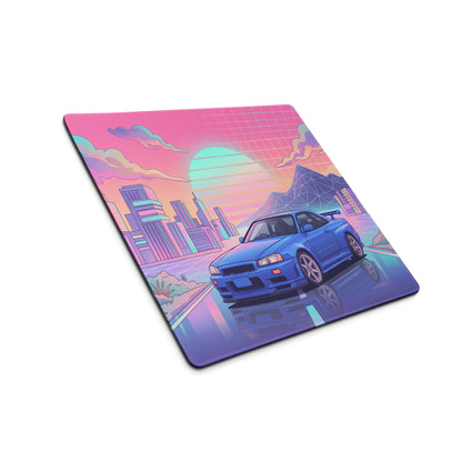 Nissan Skyline GT-R R34 Inspired Blue Pink Vaporwave Gaming Mouse Pad, Neon JDM Sports Car Desk Mat with Retro Futuristic City Sunset Artwork